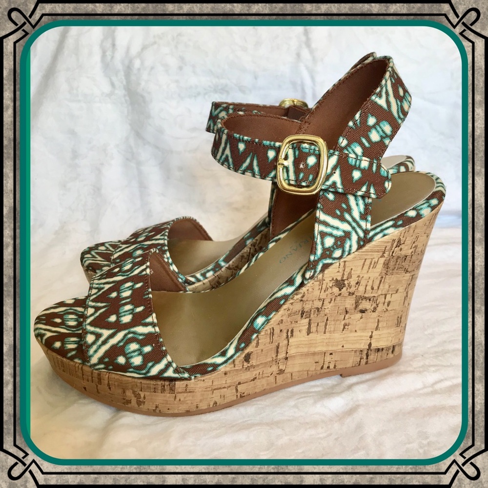 Brown teal fabric faux cork wedge heel sandals
